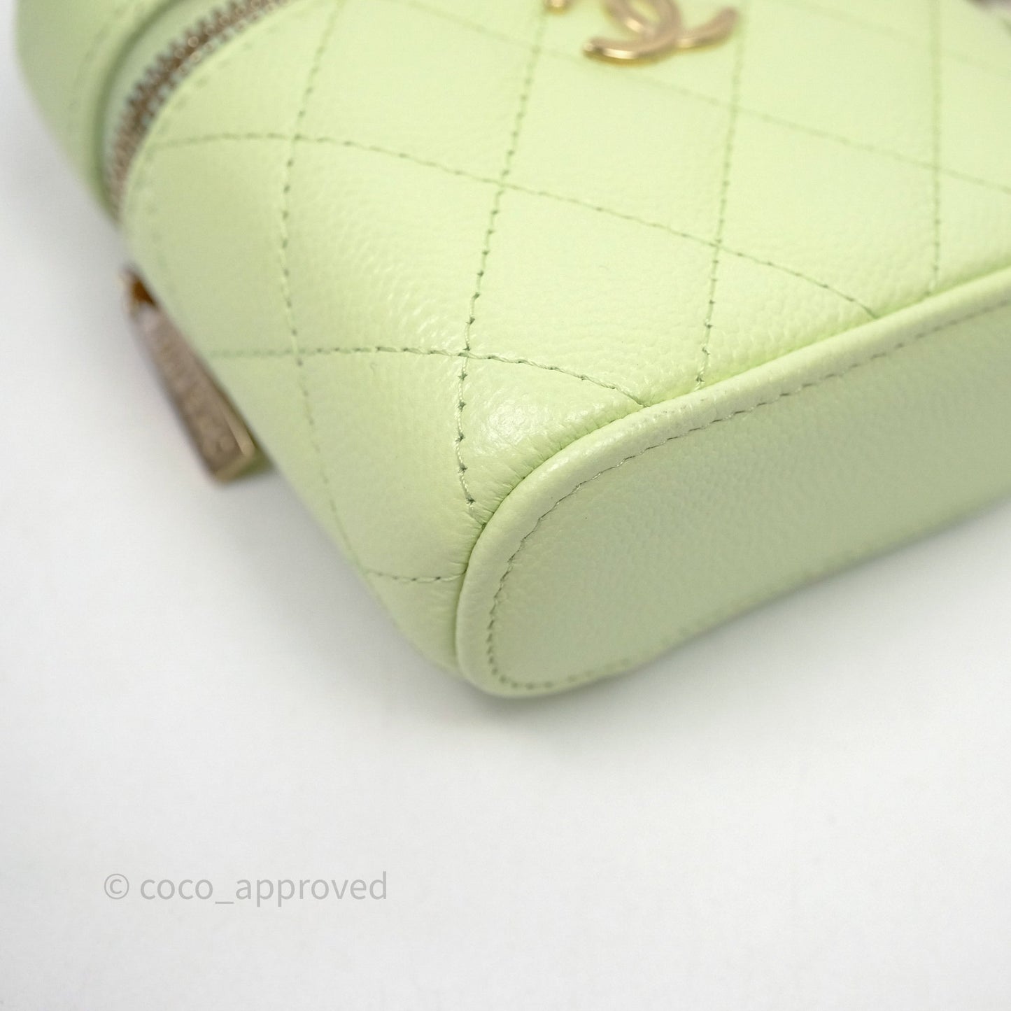 Chanel Quilted Mini Handle With Care Vanity Case With Chain Green Caviar Gold Hardware