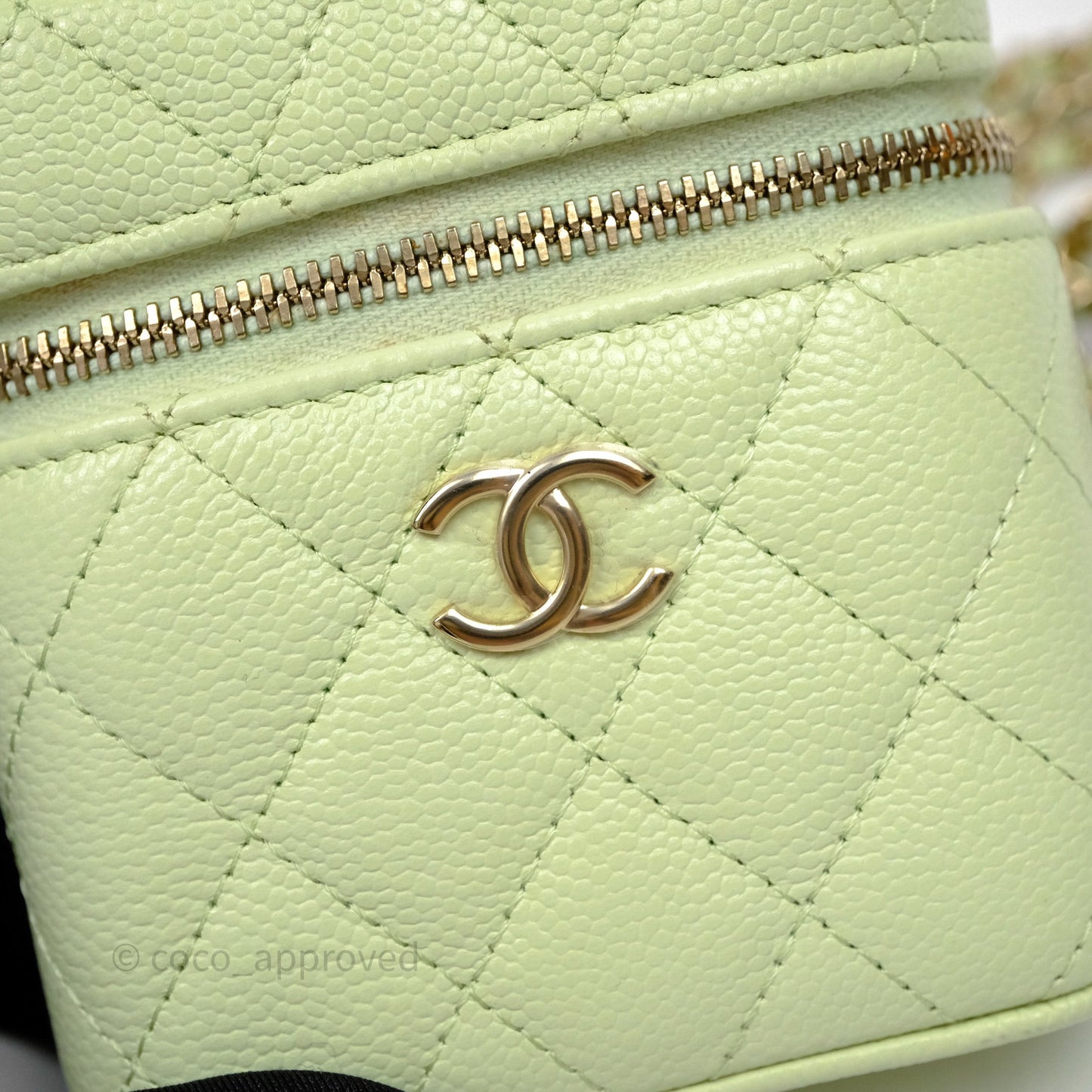 Chanel Quilted Mini Handle With Care Vanity Case With Chain Green Caviar Gold Hardware