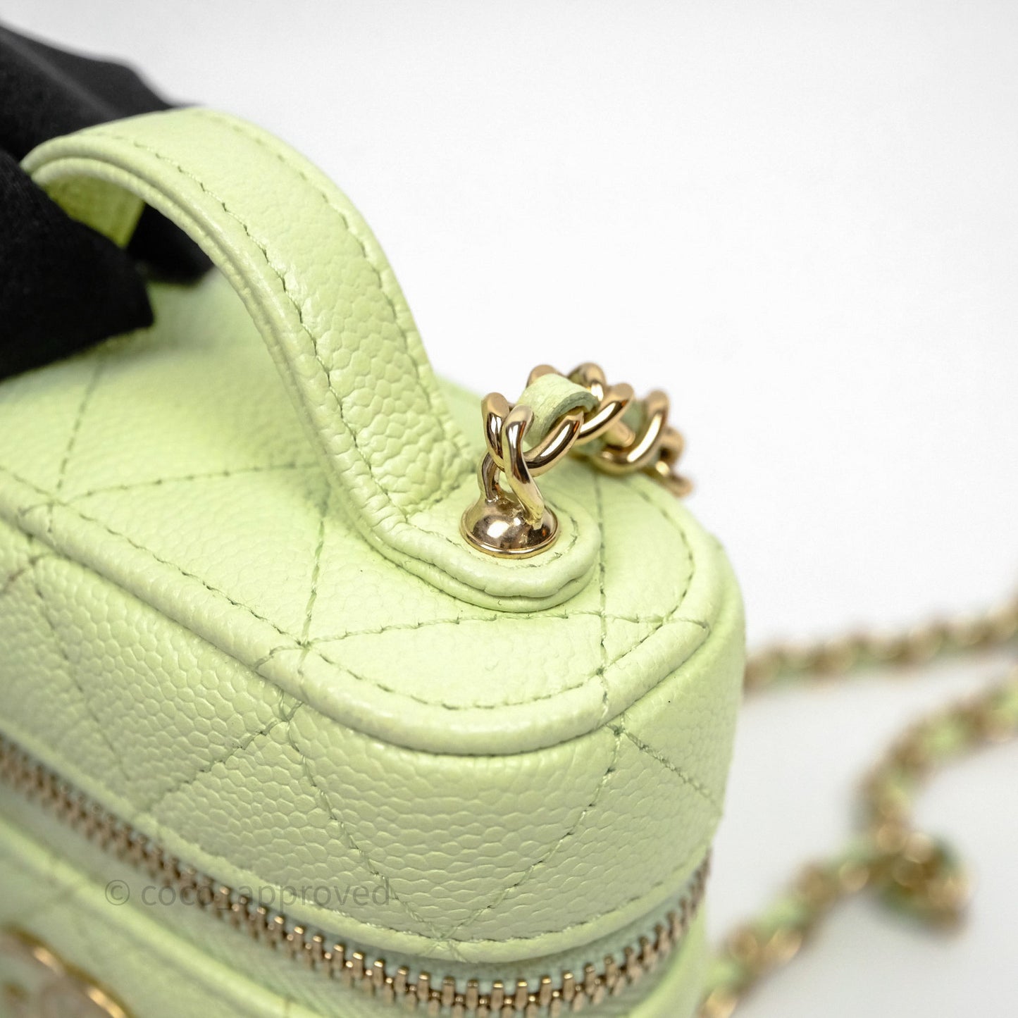 Chanel Quilted Mini Handle With Care Vanity Case With Chain Green Caviar Gold Hardware