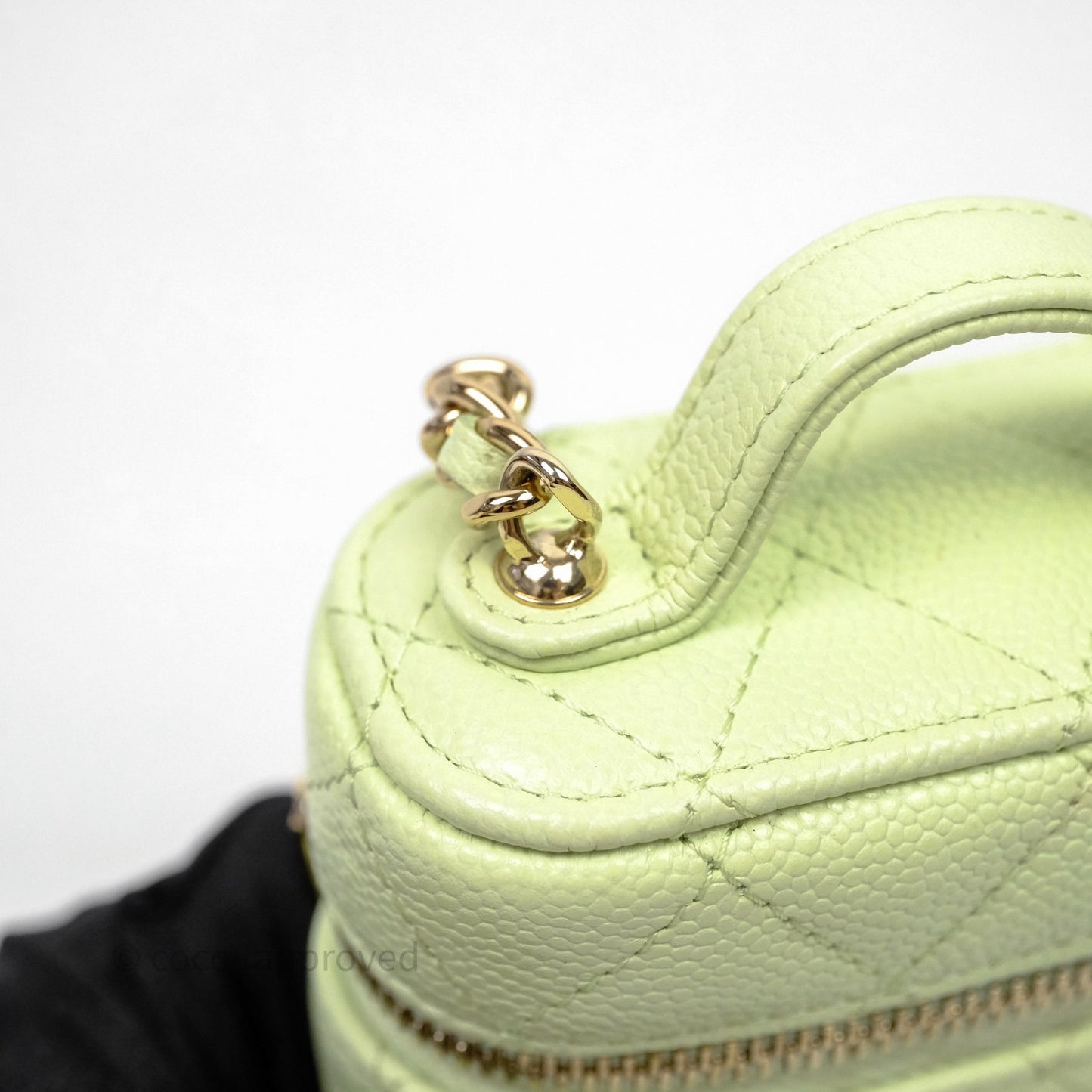Chanel Quilted Mini Handle With Care Vanity Case With Chain Green Caviar Gold Hardware