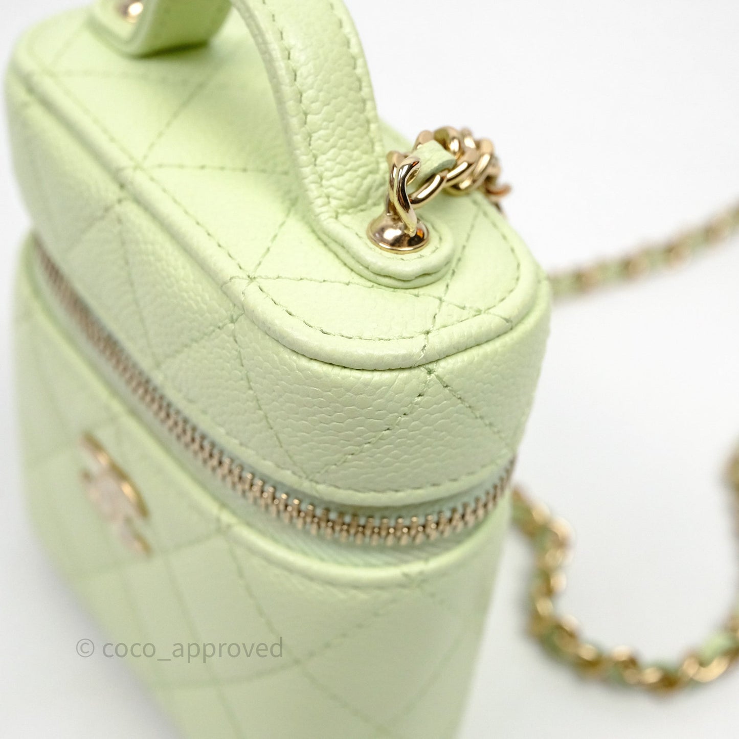 Chanel Quilted Mini Handle With Care Vanity Case With Chain Green Caviar Gold Hardware