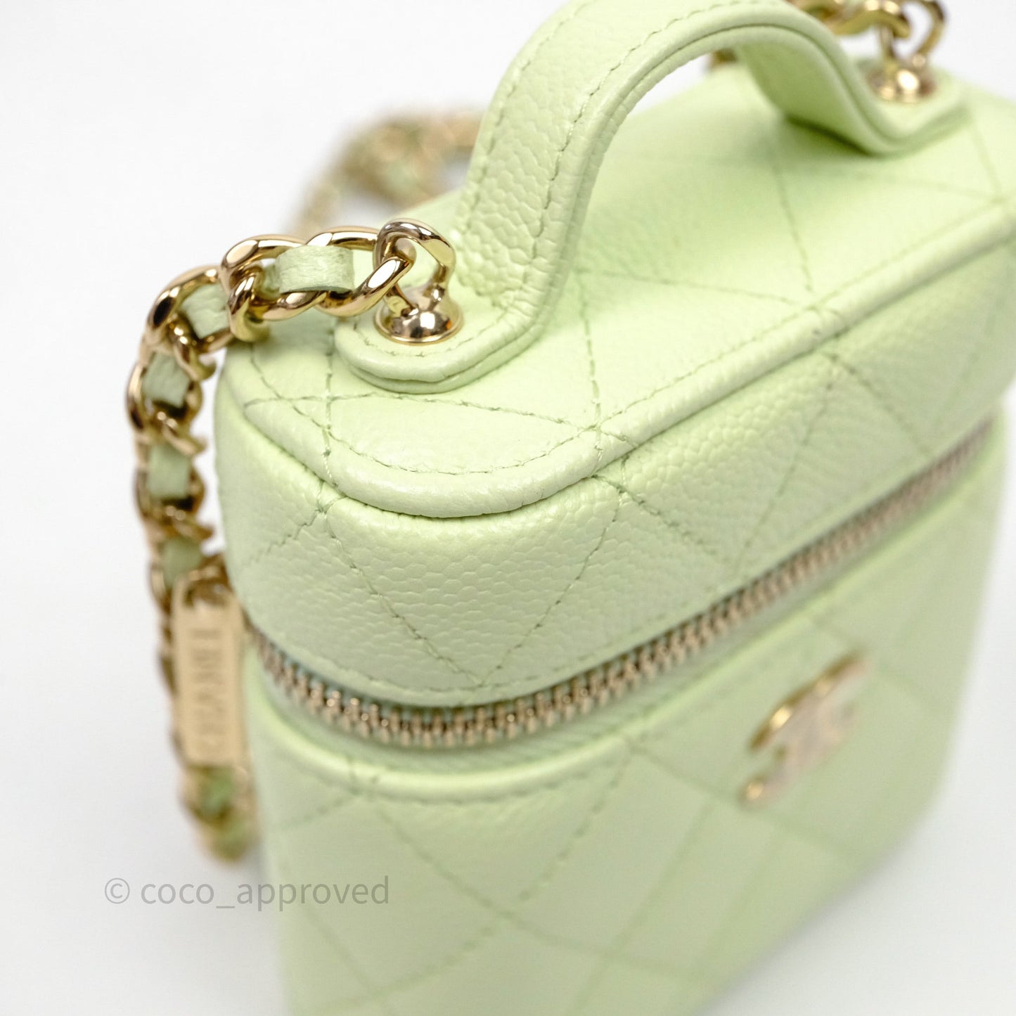 Chanel Quilted Mini Handle With Care Vanity Case With Chain Green Caviar Gold Hardware