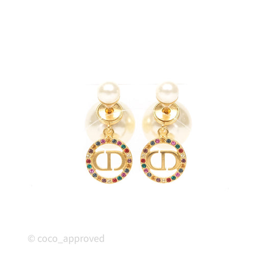 Christian Dior Crystal CD Pearl Tribales Earrings Gold Tone