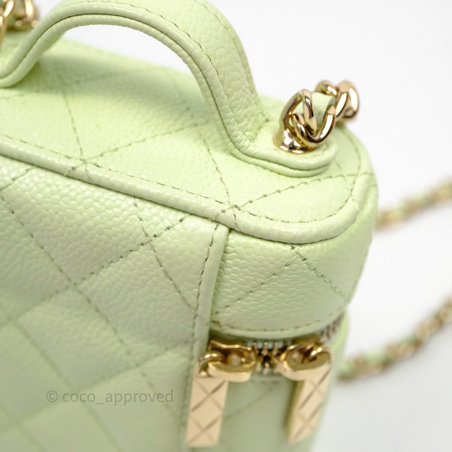 Chanel Quilted Mini Handle With Care Vanity Case With Chain Green Caviar Gold Hardware