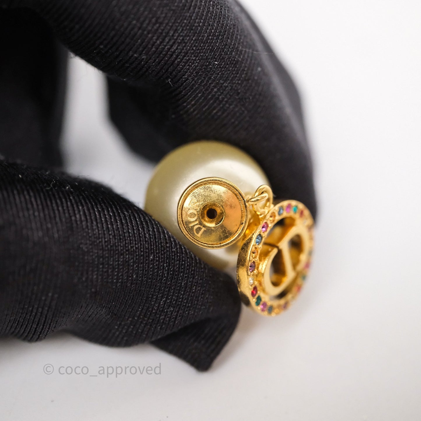 Christian Dior Crystal CD Pearl Tribales Earrings Gold Tone