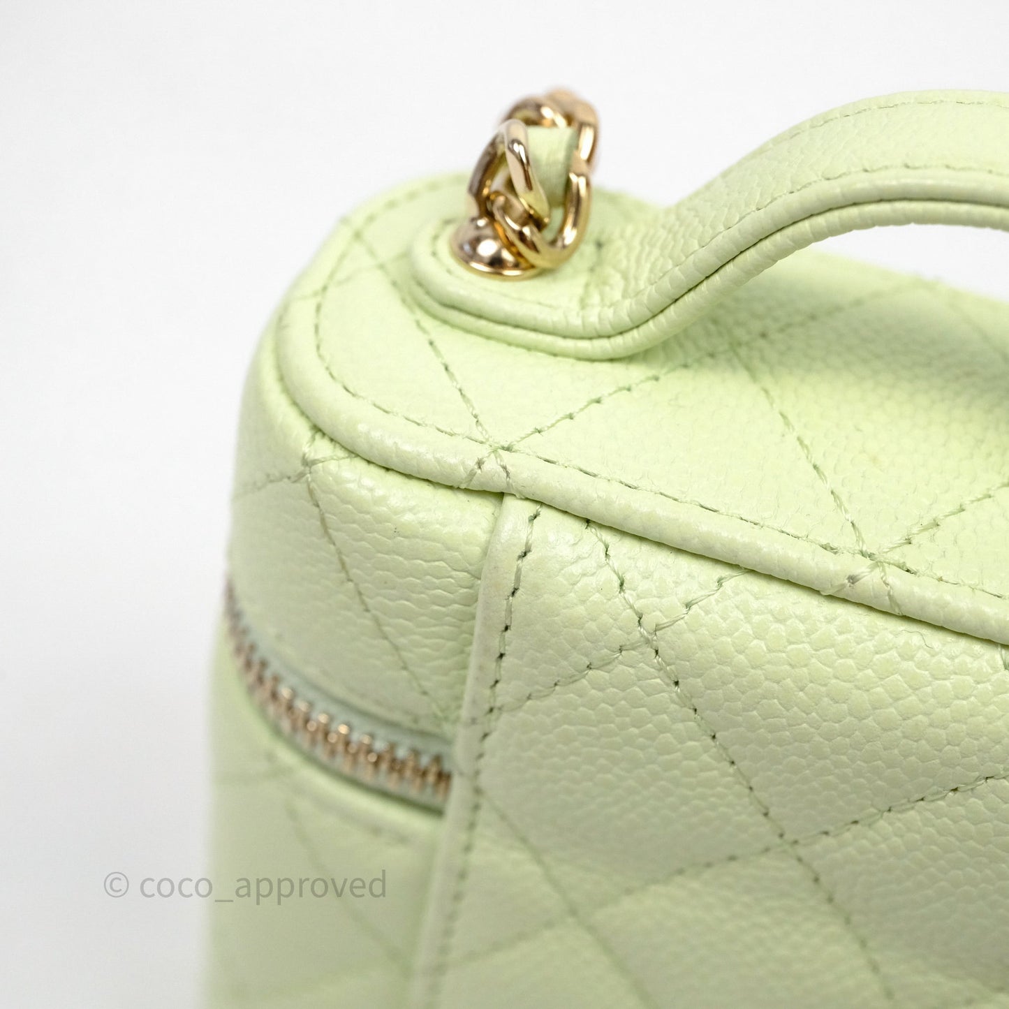 Chanel Quilted Mini Handle With Care Vanity Case With Chain Green Caviar Gold Hardware