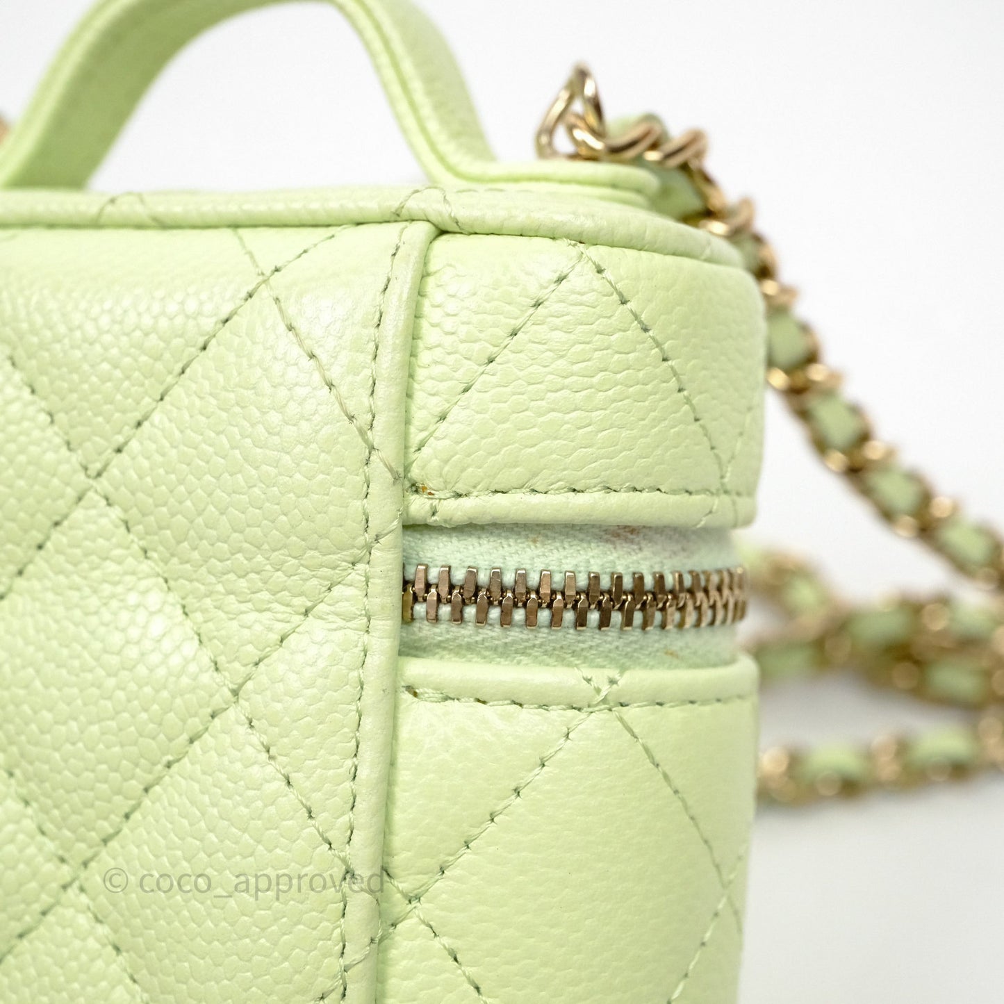 Chanel Quilted Mini Handle With Care Vanity Case With Chain Green Caviar Gold Hardware