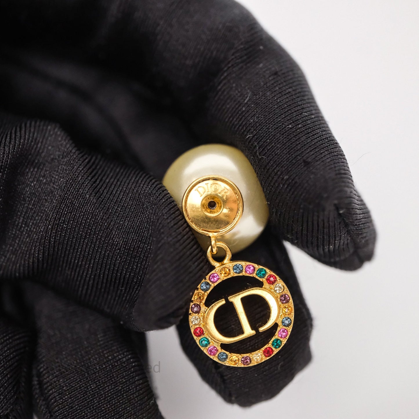 Christian Dior Crystal CD Pearl Tribales Earrings Gold Tone