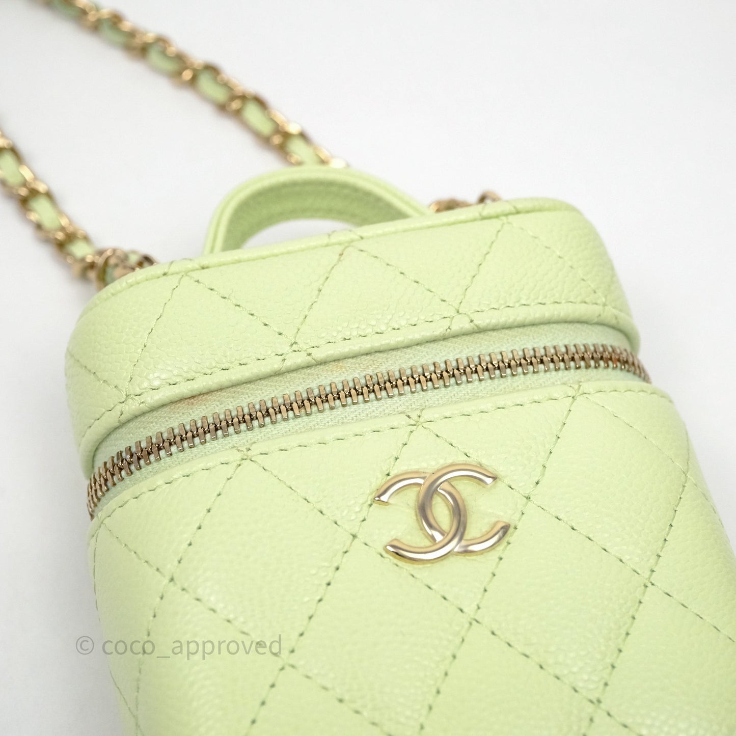 Chanel Quilted Mini Handle With Care Vanity Case With Chain Green Caviar Gold Hardware