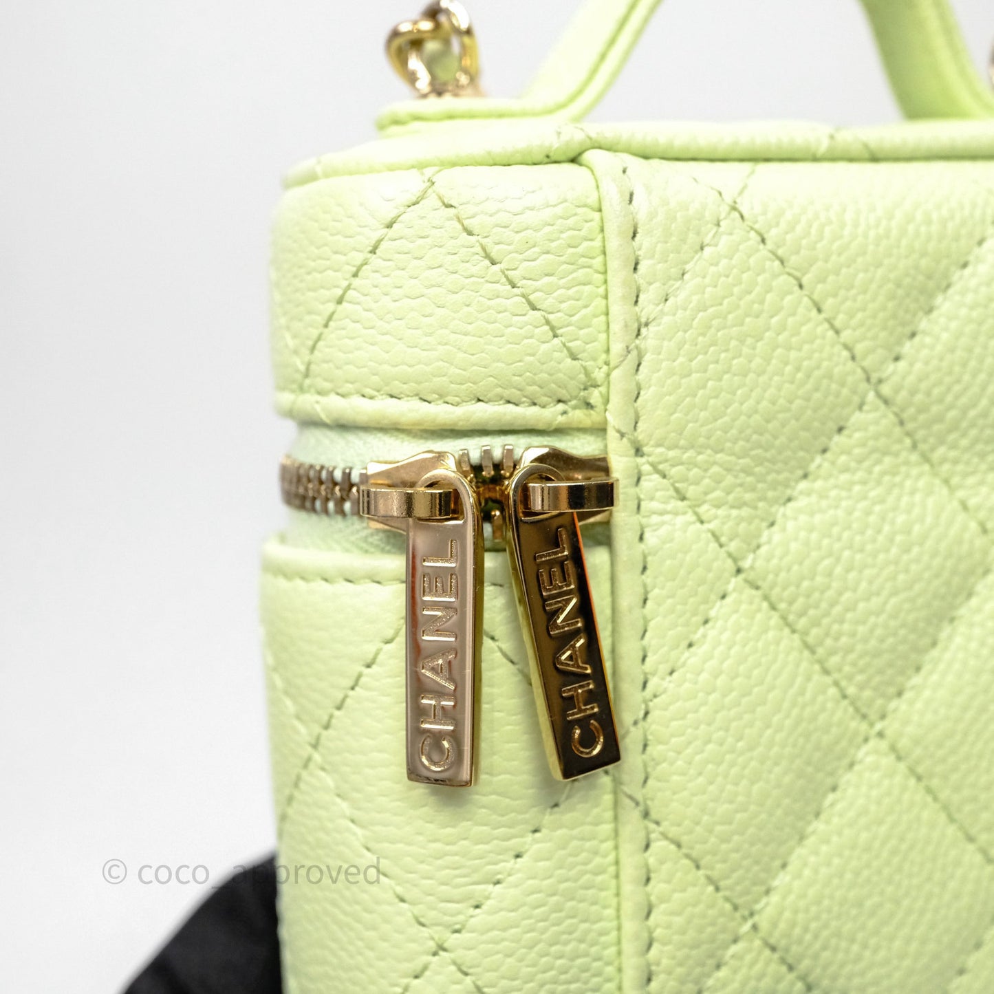 Chanel Quilted Mini Handle With Care Vanity Case With Chain Green Caviar Gold Hardware