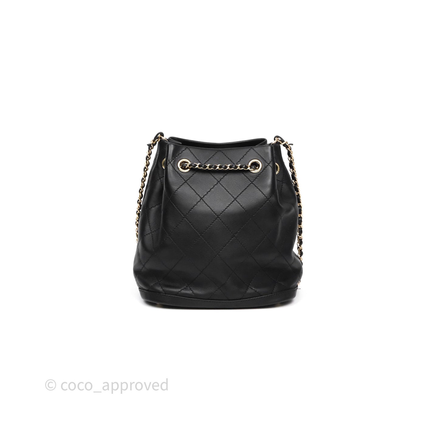 Chanel Quilted Drawstring Bucket Bag Black Calfskin Gold Hardware
