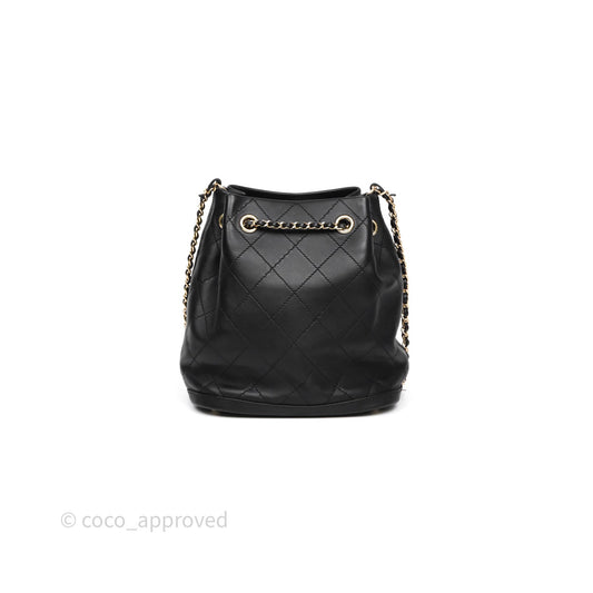 Chanel Quilted Drawstring Bucket Bag Black Calfskin Gold Hardware
