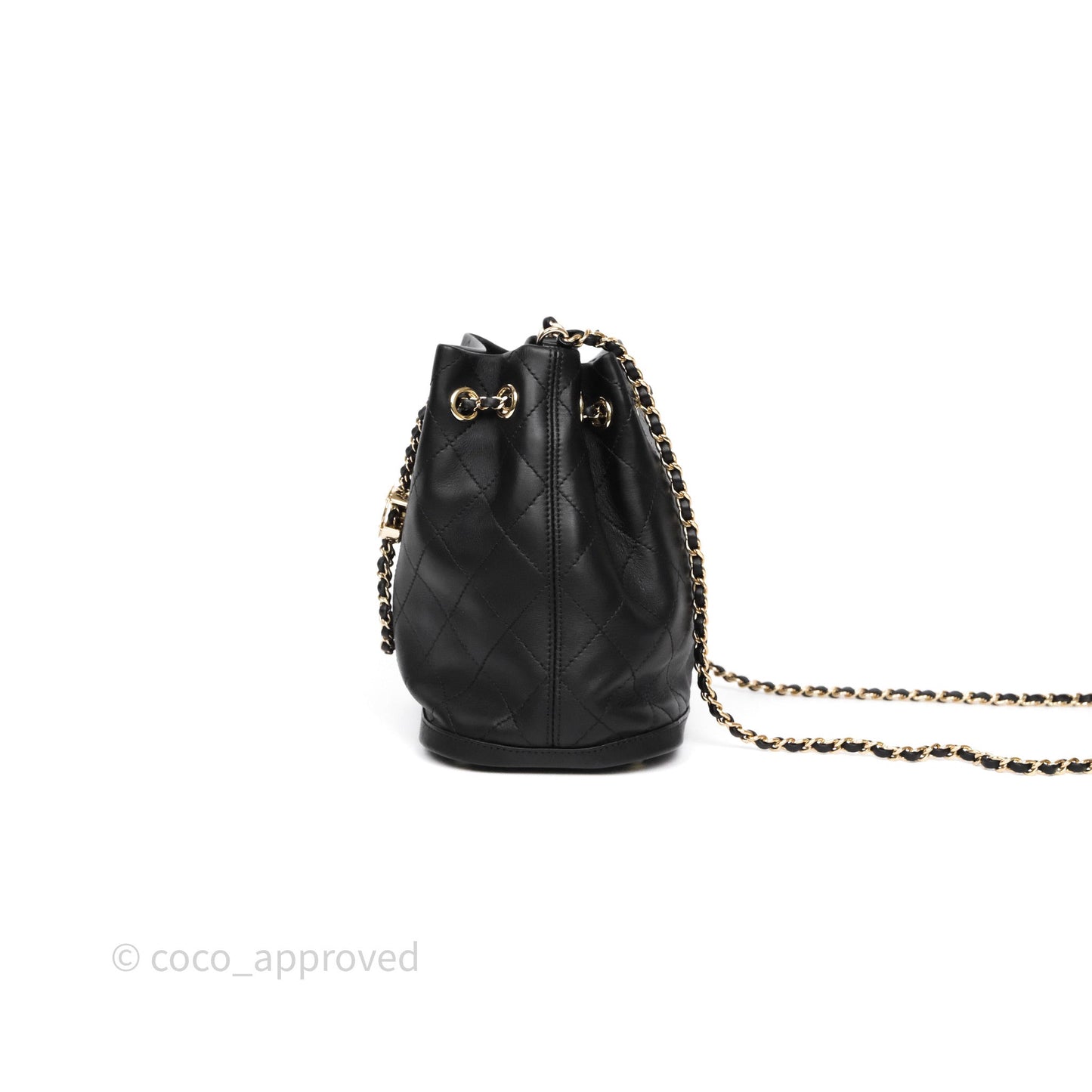Chanel Quilted Drawstring Bucket Bag Black Calfskin Gold Hardware