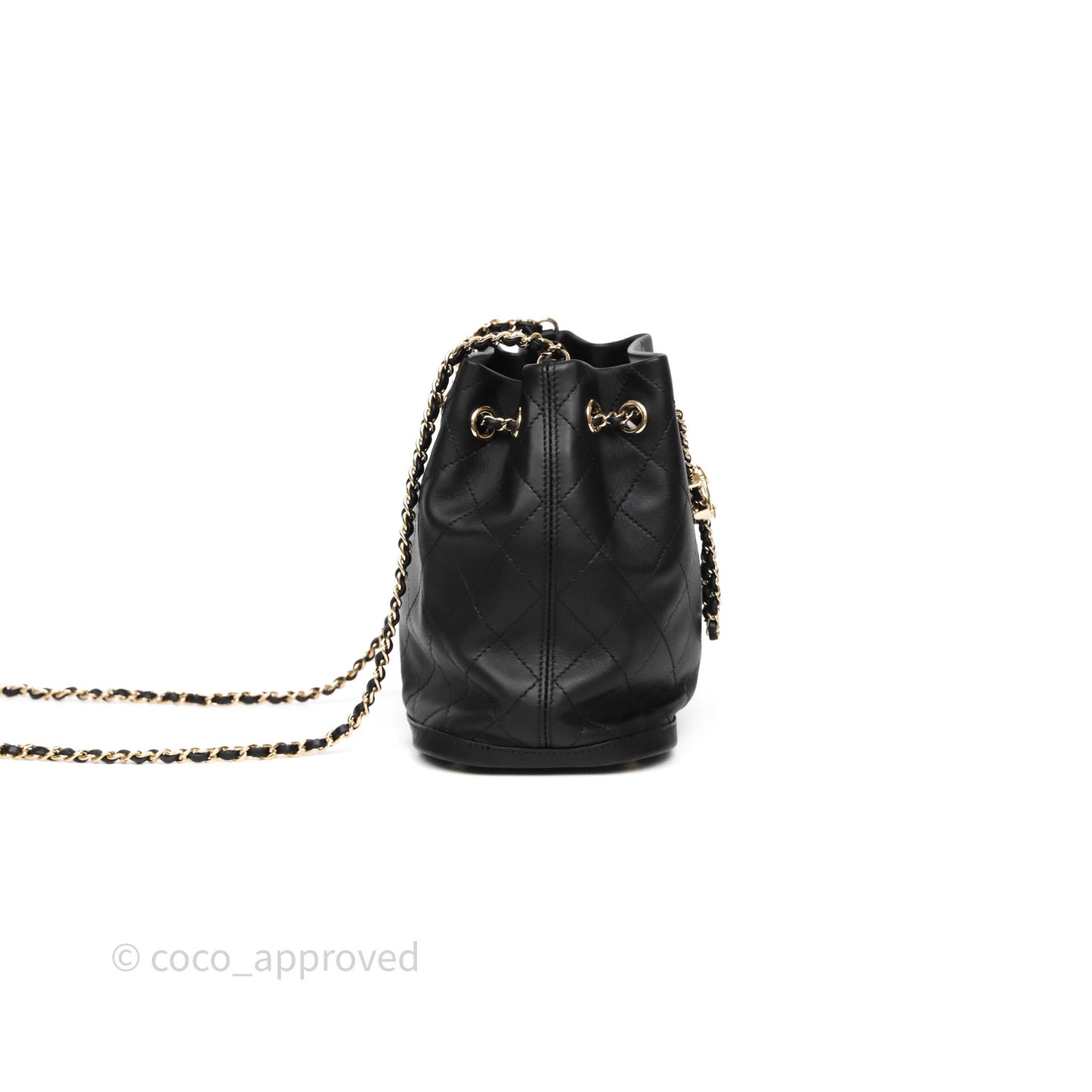 Chanel Quilted Drawstring Bucket Bag Black Calfskin Gold Hardware