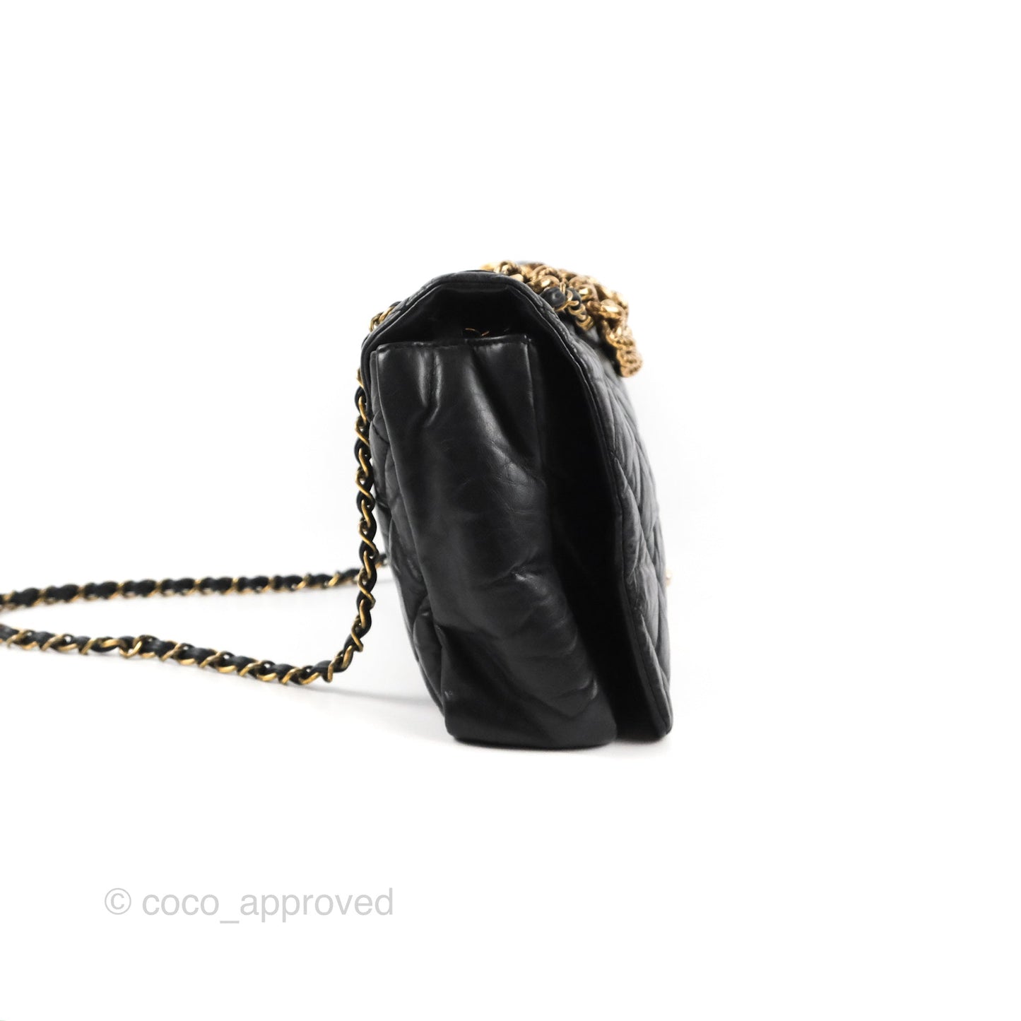 Chanel Medium Pondicherry Flap Bag Black Crumpled Calfskin Antique Gold Hardware