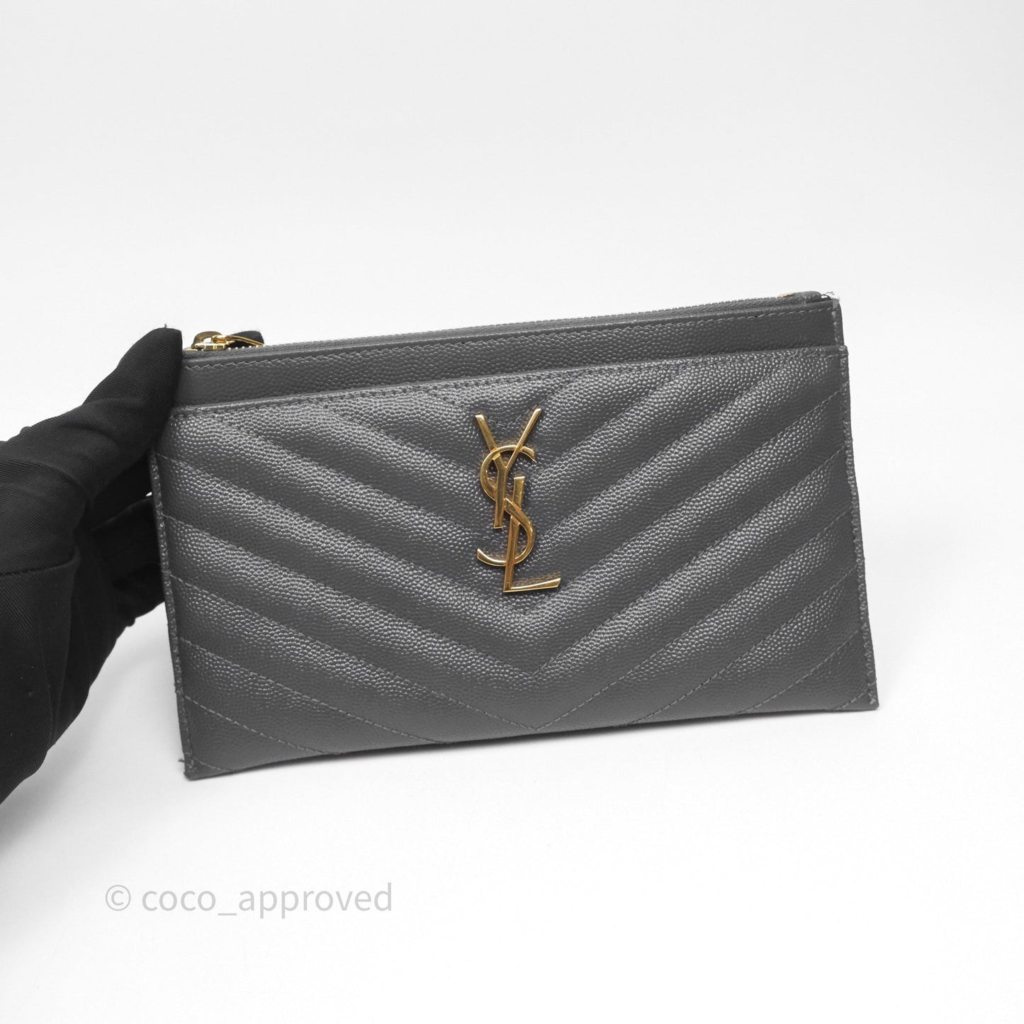 Saint Laurent Cassandre Matelasse Zipped Pouch Dark Grey Gold Hardware
