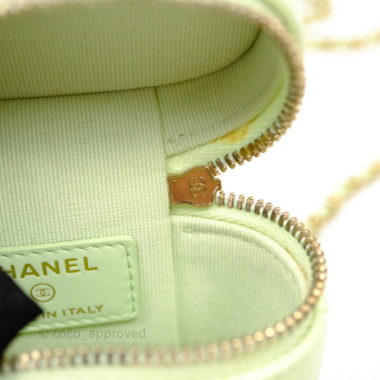Chanel Quilted Mini Handle With Care Vanity Case With Chain Green Caviar Gold Hardware