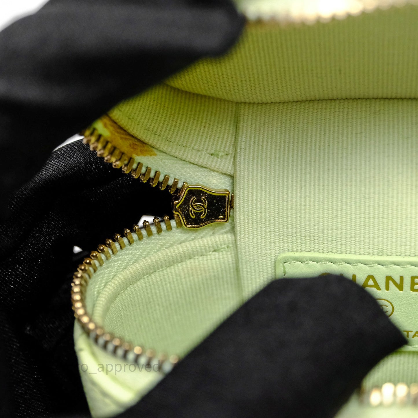Chanel Quilted Mini Handle With Care Vanity Case With Chain Green Caviar Gold Hardware