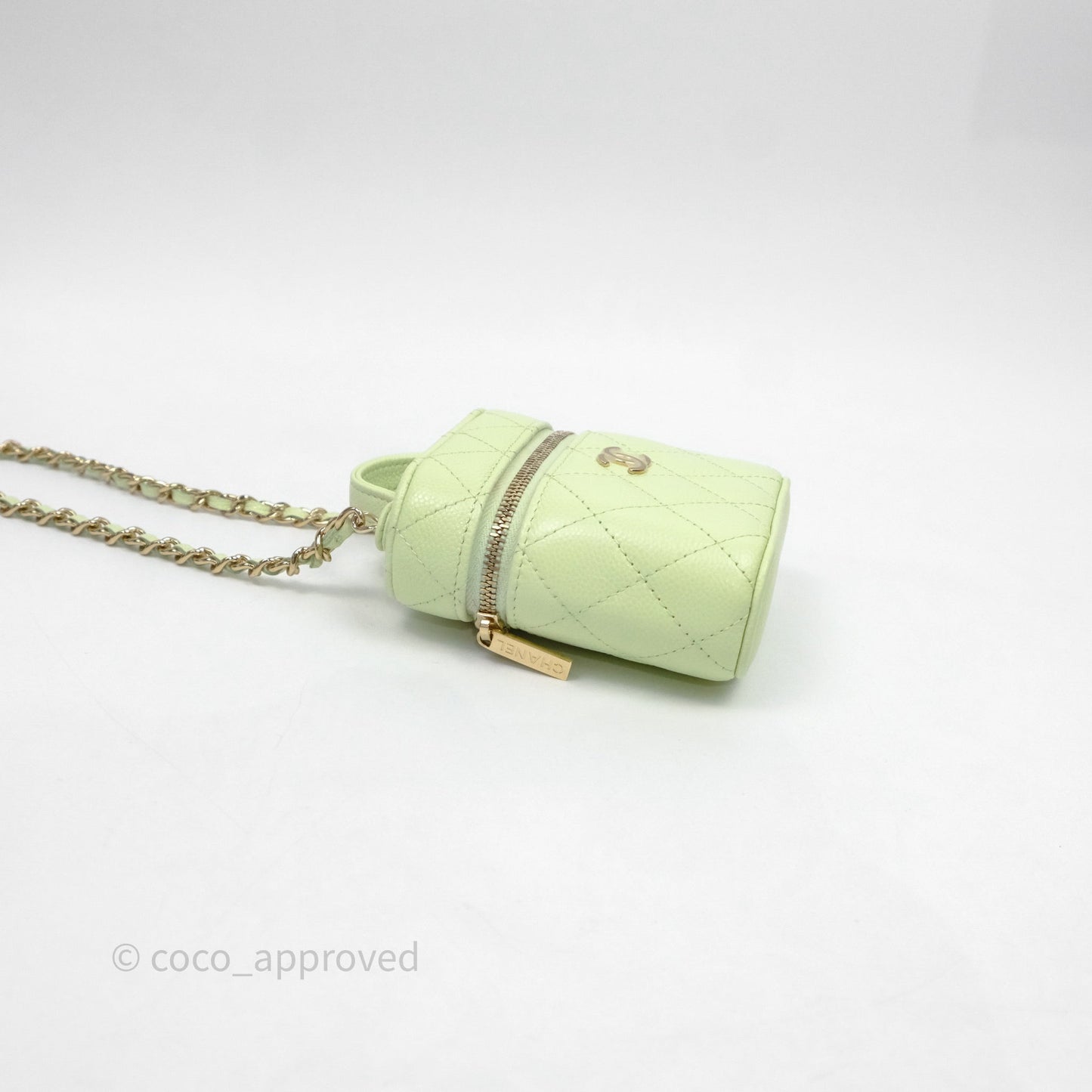 Chanel Quilted Mini Handle With Care Vanity Case With Chain Green Caviar Gold Hardware