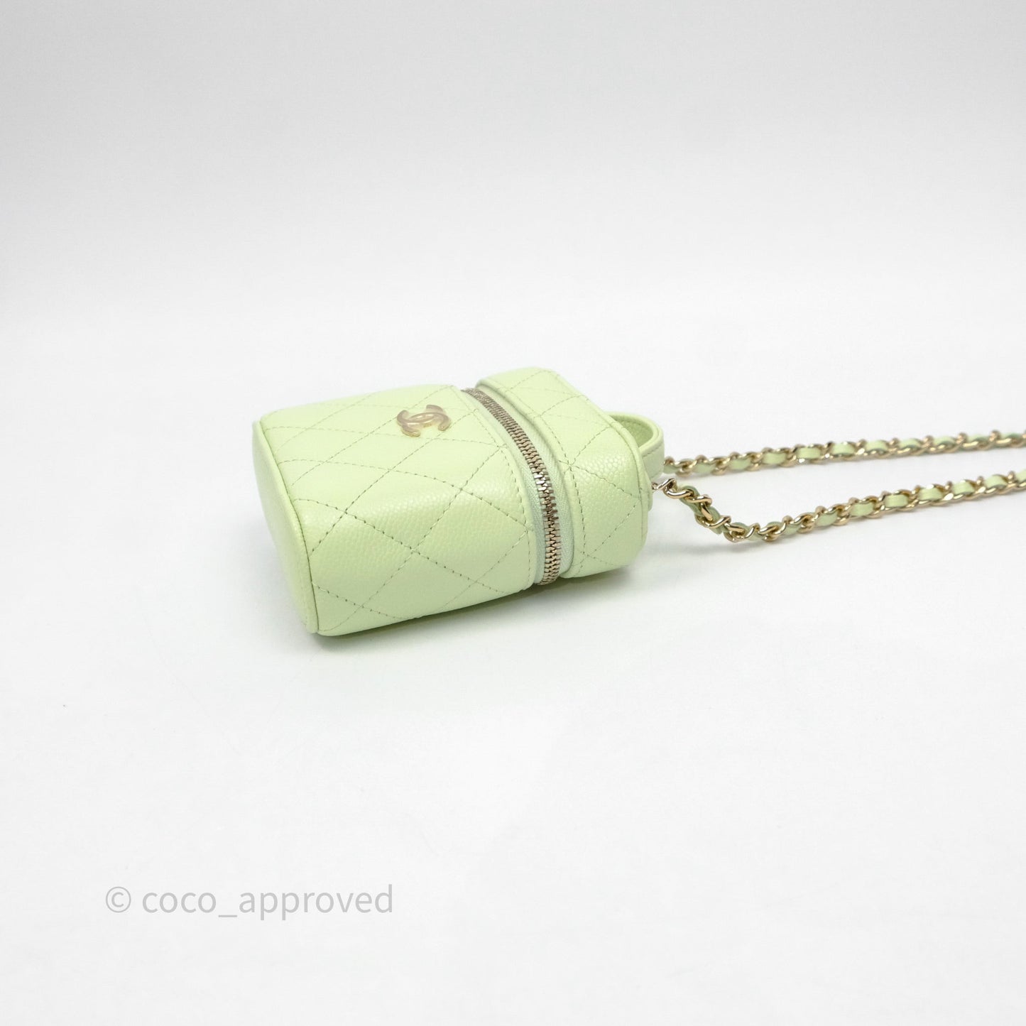Chanel Quilted Mini Handle With Care Vanity Case With Chain Green Caviar Gold Hardware