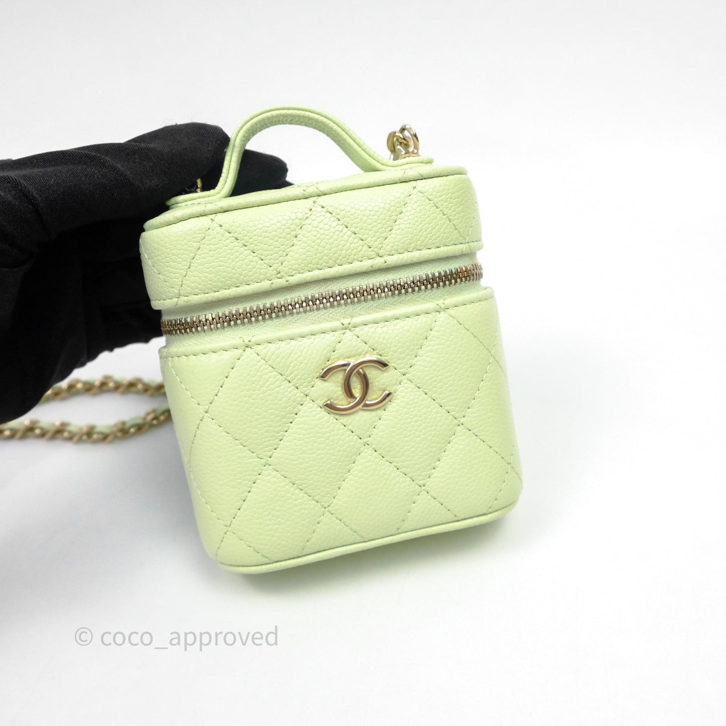 Chanel Quilted Mini Handle With Care Vanity Case With Chain Green Caviar Gold Hardware