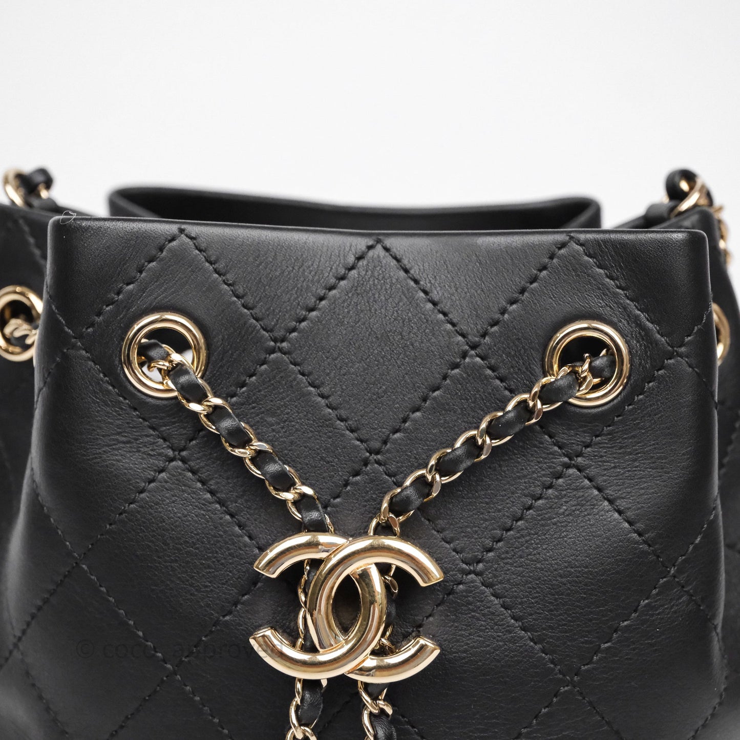 Chanel Quilted Drawstring Bucket Bag Black Calfskin Gold Hardware