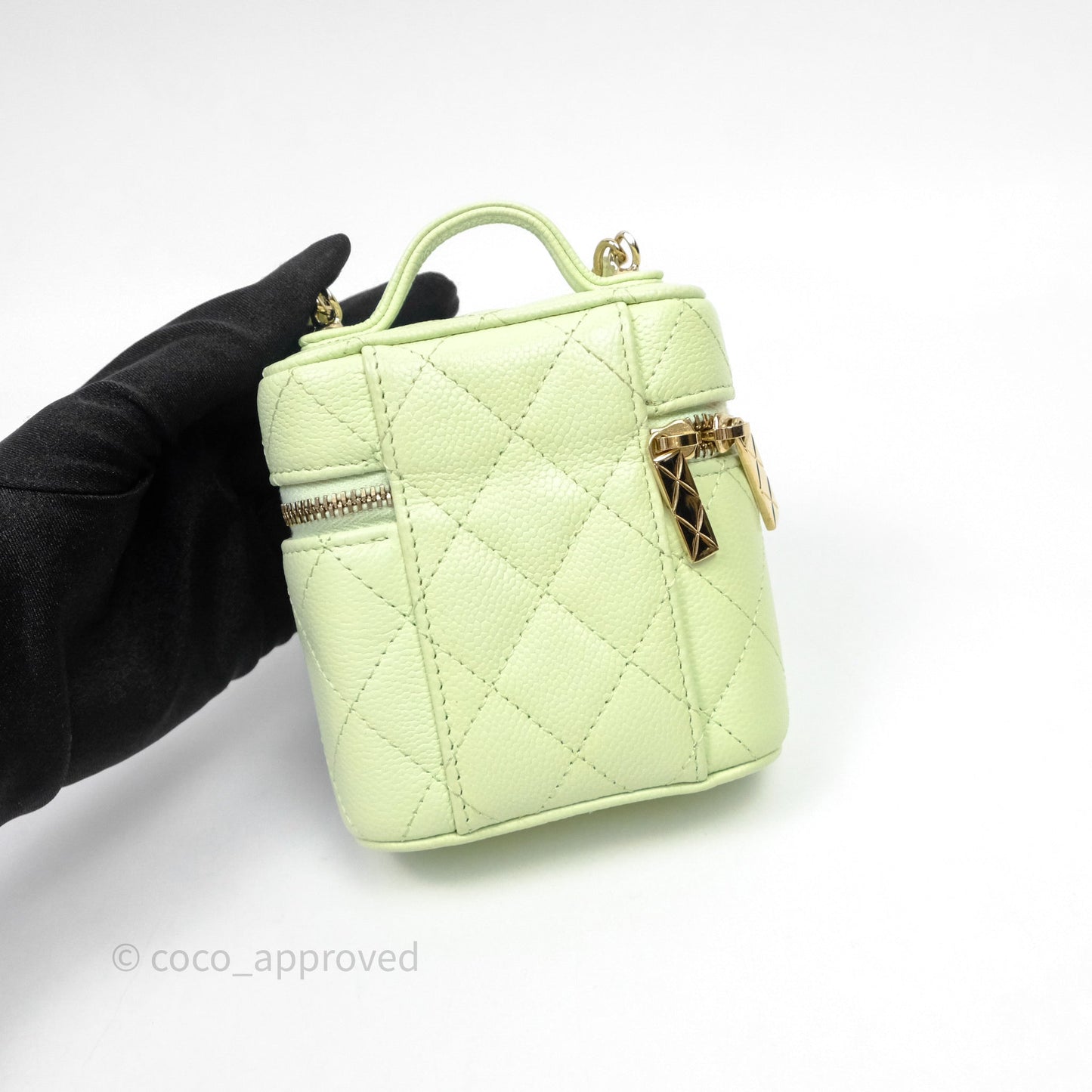 Chanel Quilted Mini Handle With Care Vanity Case With Chain Green Caviar Gold Hardware