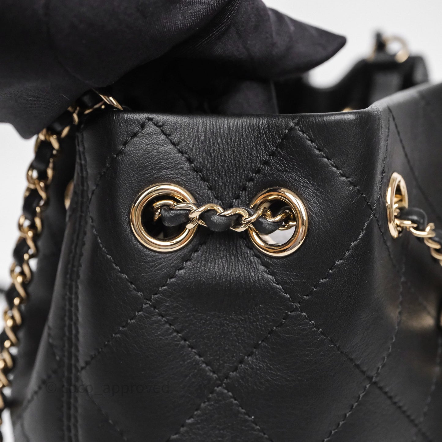 Chanel Quilted Drawstring Bucket Bag Black Calfskin Gold Hardware