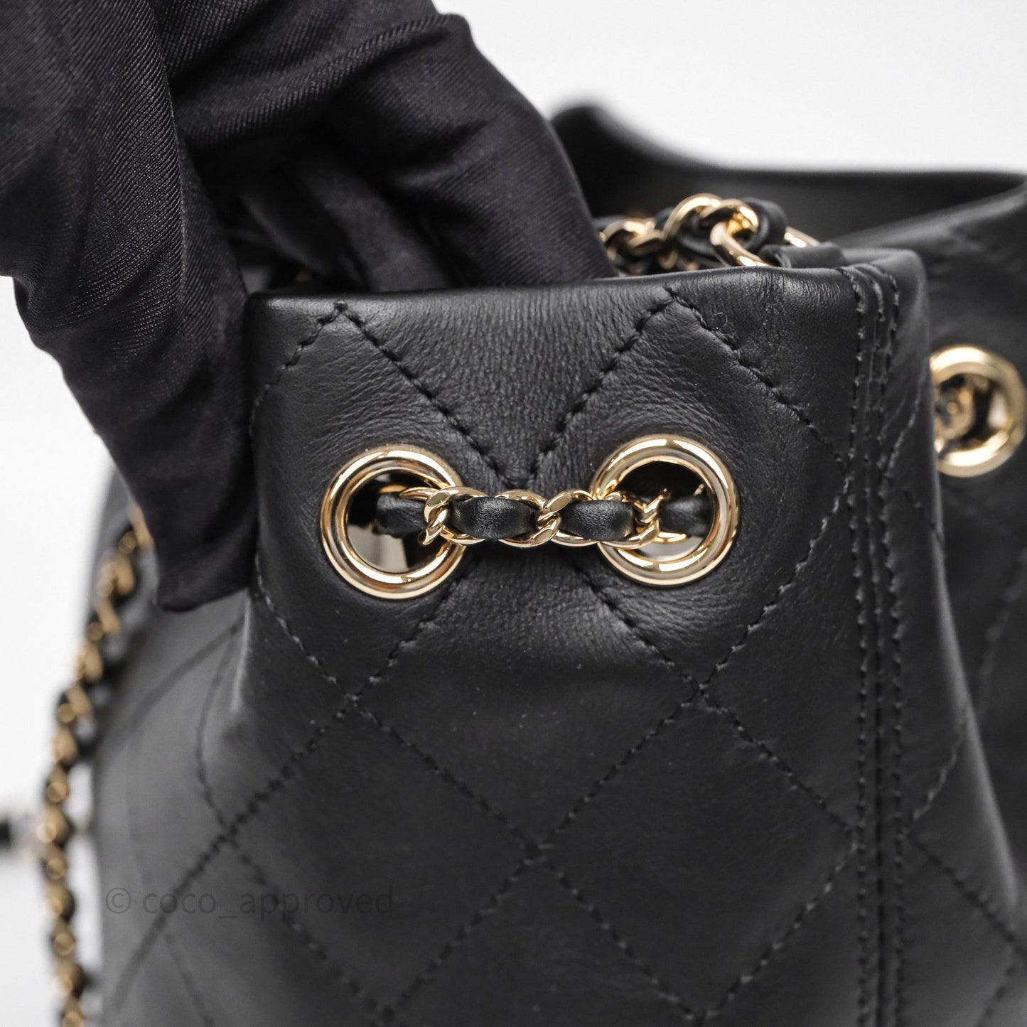 Chanel Quilted Drawstring Bucket Bag Black Calfskin Gold Hardware