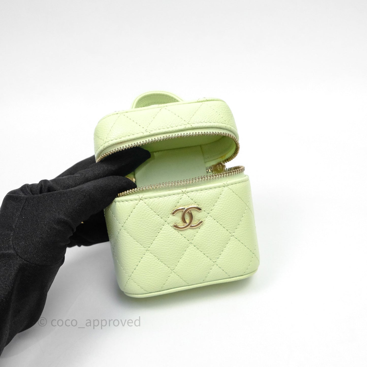 Chanel Quilted Mini Handle With Care Vanity Case With Chain Green Caviar Gold Hardware