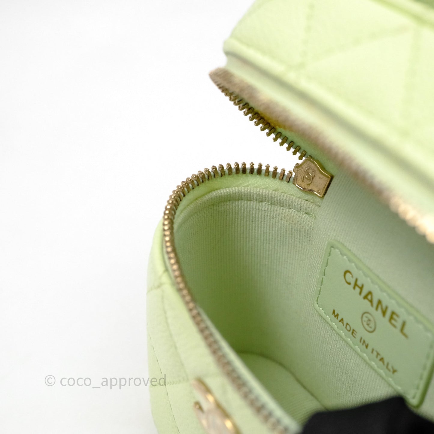 Chanel Quilted Mini Handle With Care Vanity Case With Chain Green Caviar Gold Hardware