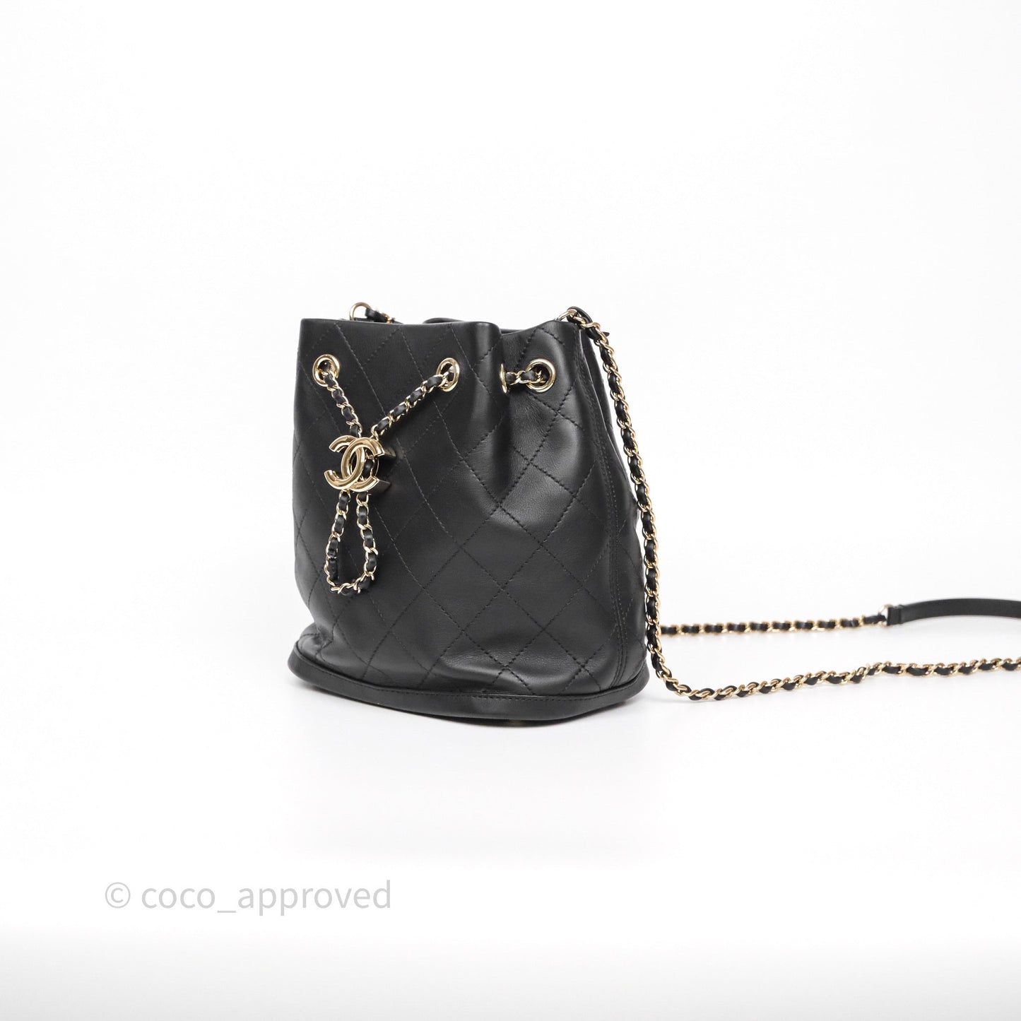 Chanel Quilted Drawstring Bucket Bag Black Calfskin Gold Hardware