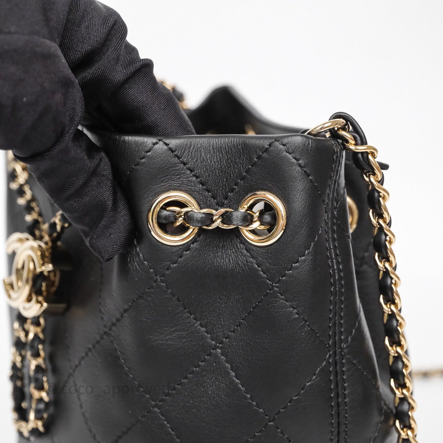 Chanel Quilted Drawstring Bucket Bag Black Calfskin Gold Hardware