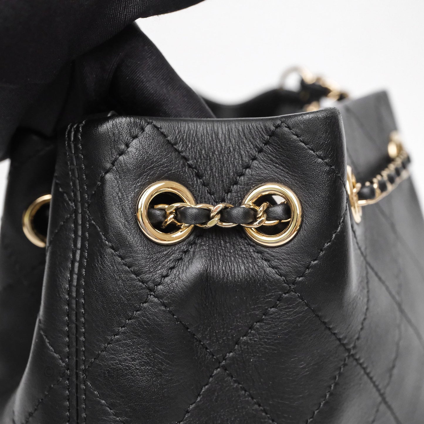 Chanel Quilted Drawstring Bucket Bag Black Calfskin Gold Hardware