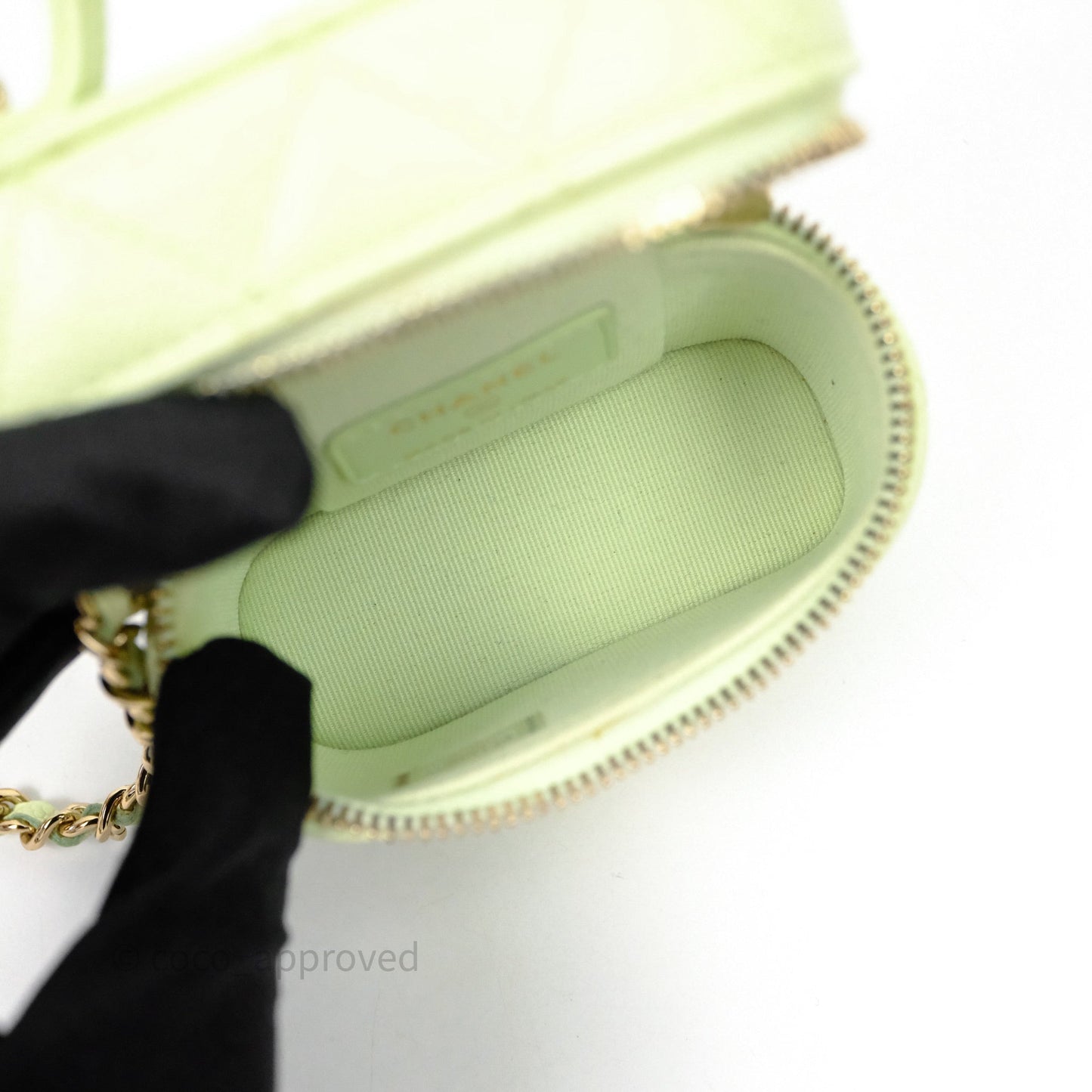 Chanel Quilted Mini Handle With Care Vanity Case With Chain Green Caviar Gold Hardware