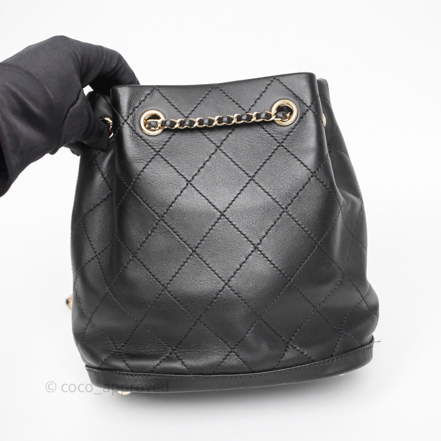 Chanel Quilted Drawstring Bucket Bag Black Calfskin Gold Hardware
