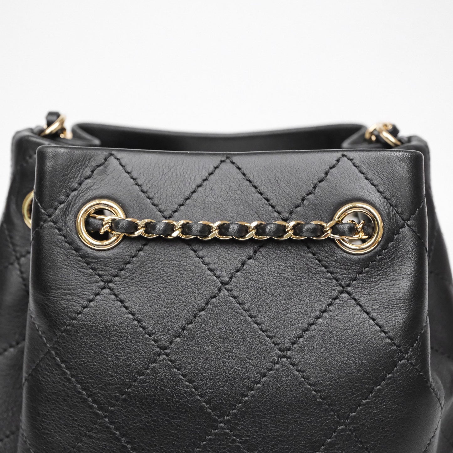 Chanel Quilted Drawstring Bucket Bag Black Calfskin Gold Hardware
