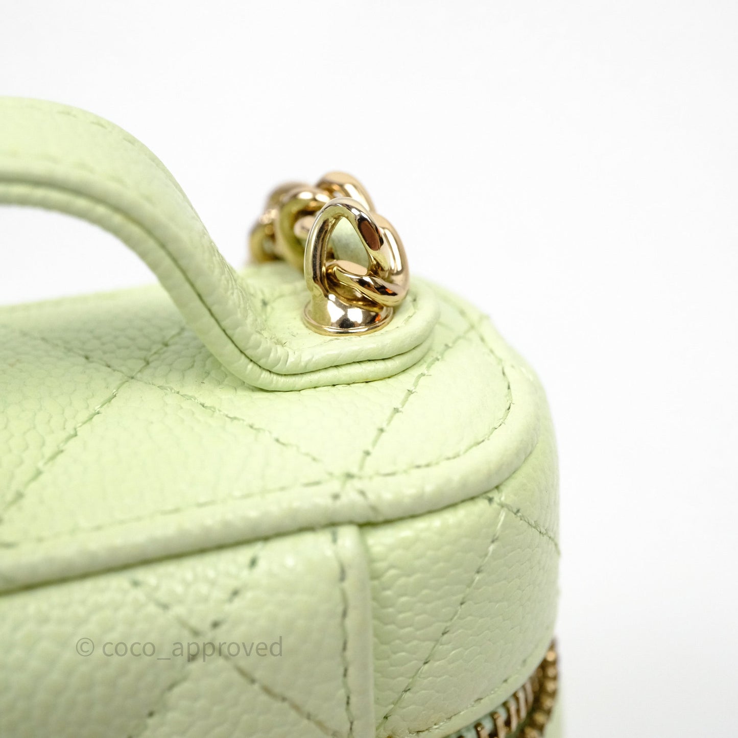 Chanel Quilted Mini Handle With Care Vanity Case With Chain Green Caviar Gold Hardware