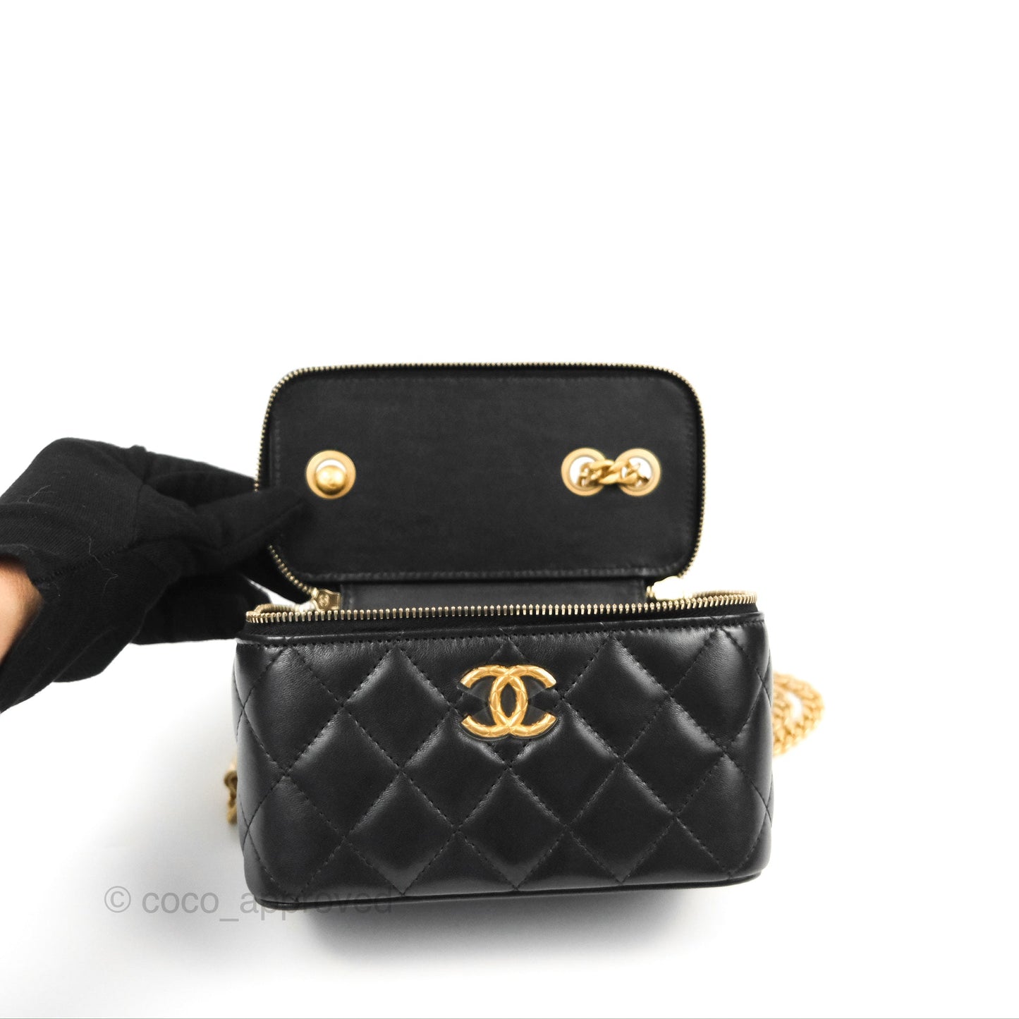 Chanel Vanity with Adjustable Chain Black Lambskin Aged Gold Hardware 22K