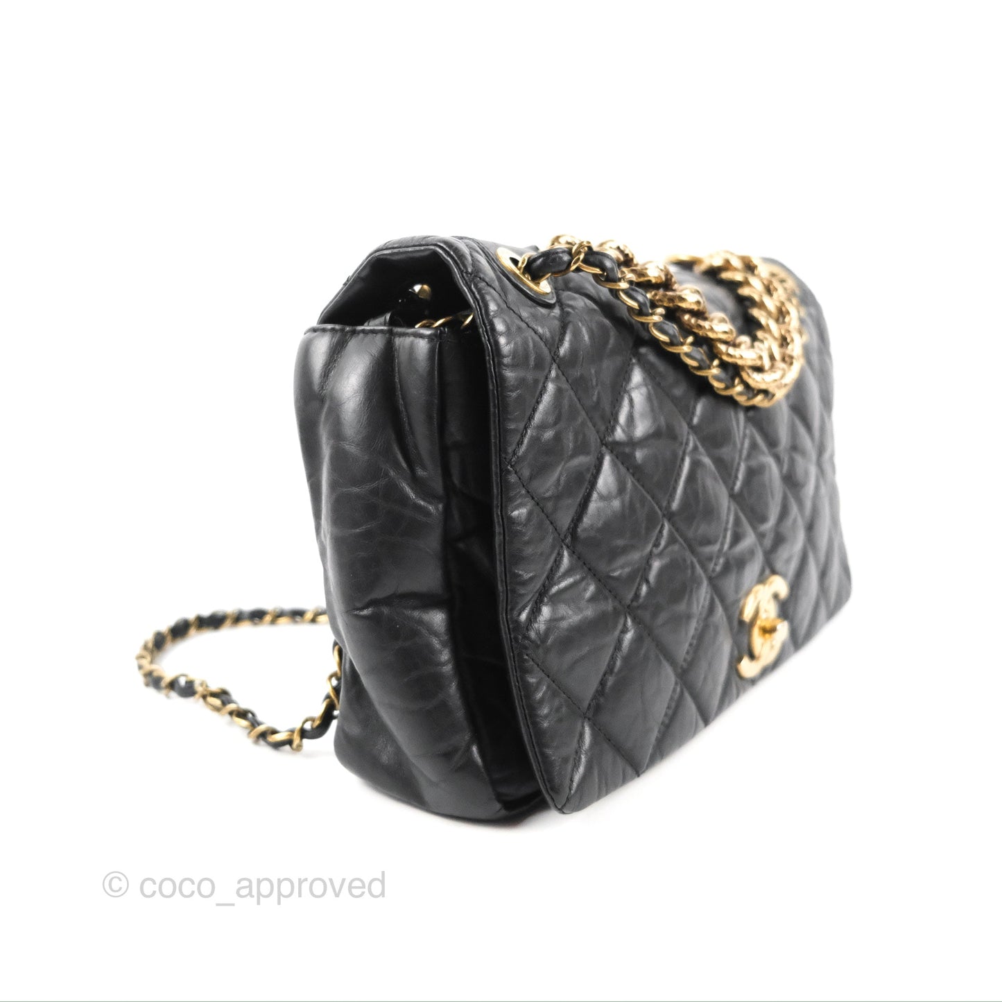 Chanel Medium Pondicherry Flap Bag Black Crumpled Calfskin Antique Gold Hardware