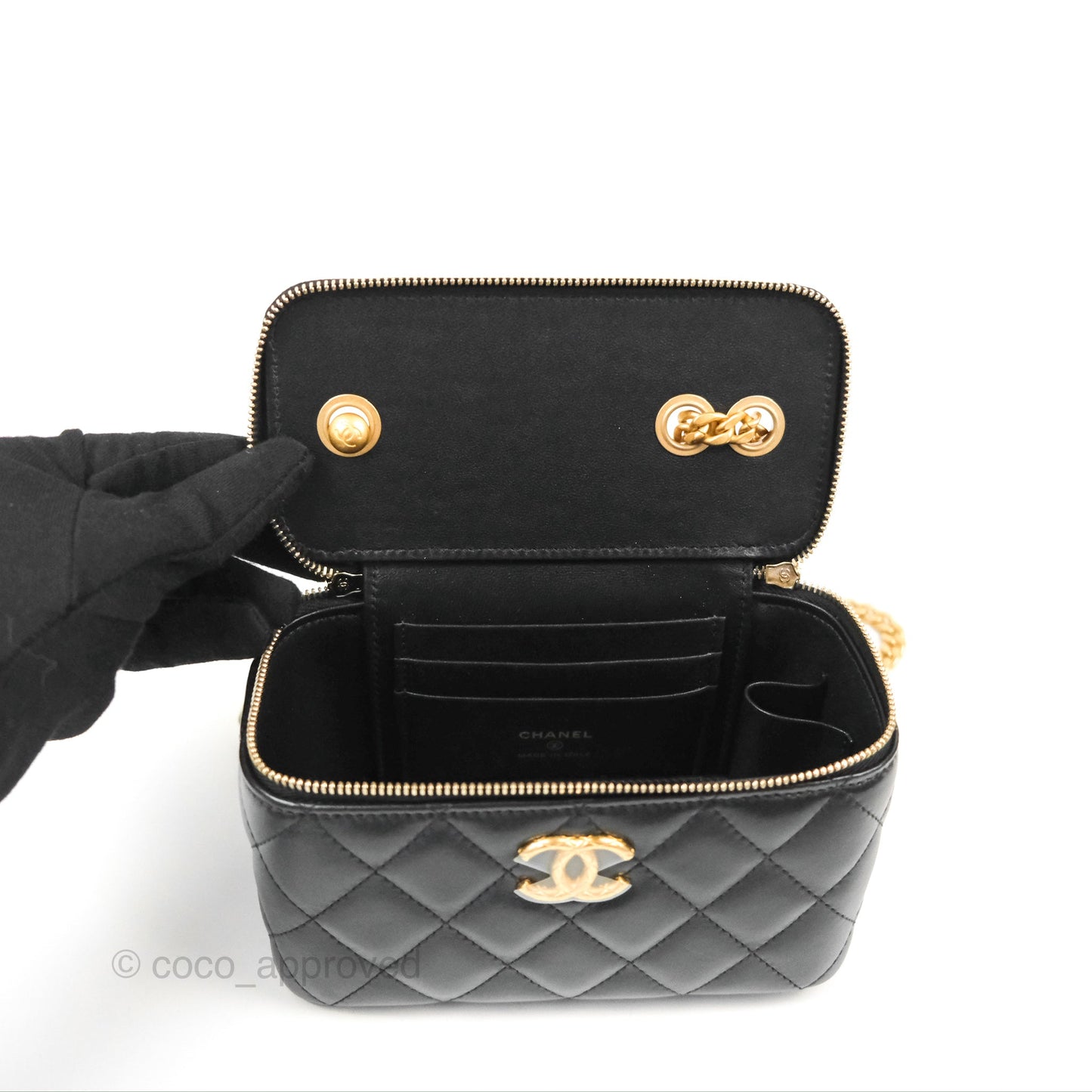 Chanel Vanity with Adjustable Chain Black Lambskin Aged Gold Hardware 22K