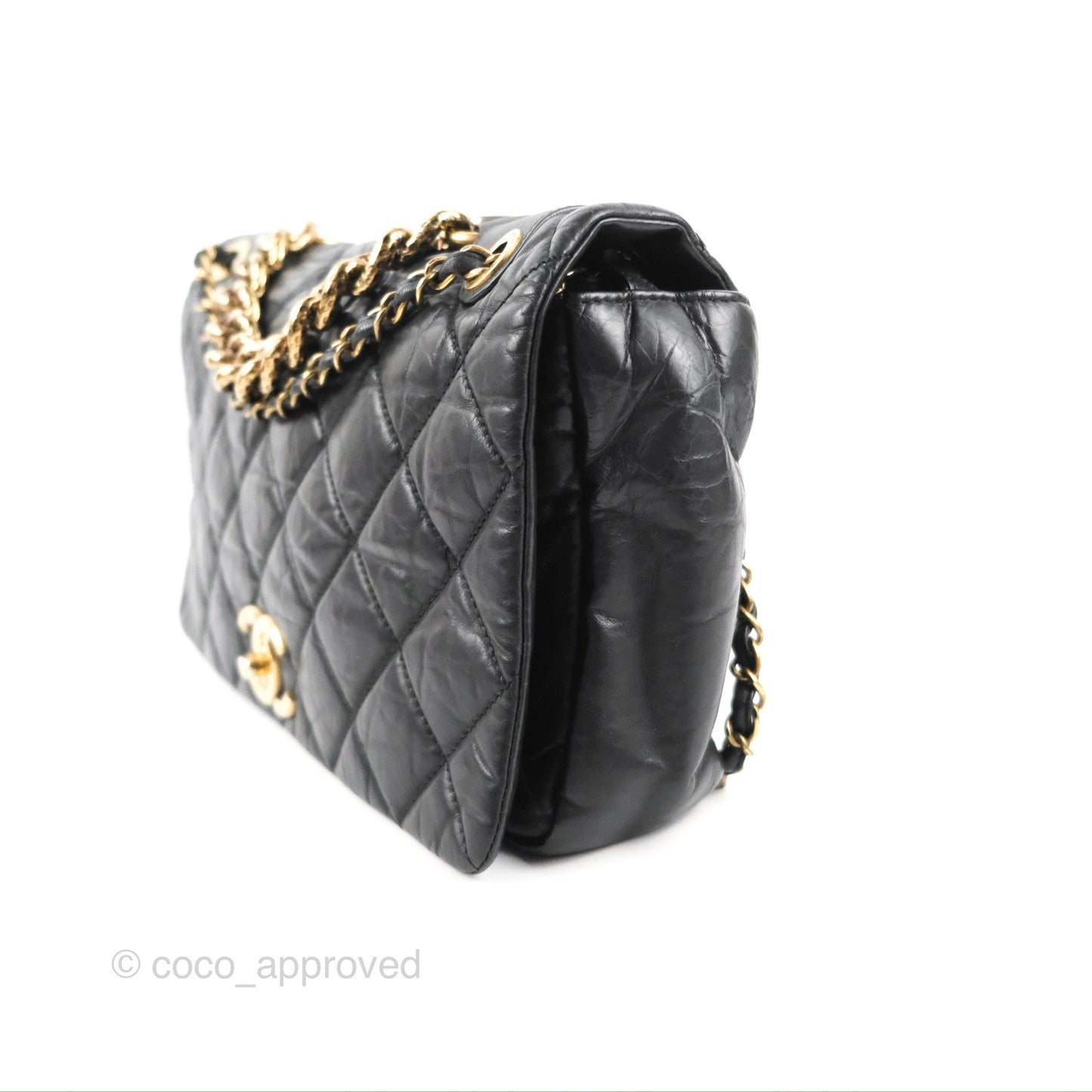 Chanel Medium Pondicherry Flap Bag Black Crumpled Calfskin Antique Gold Hardware