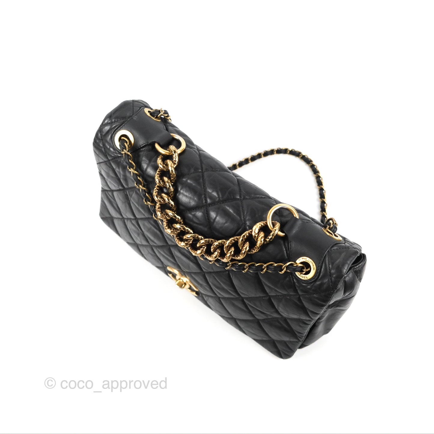 Chanel Medium Pondicherry Flap Bag Black Crumpled Calfskin Antique Gold Hardware