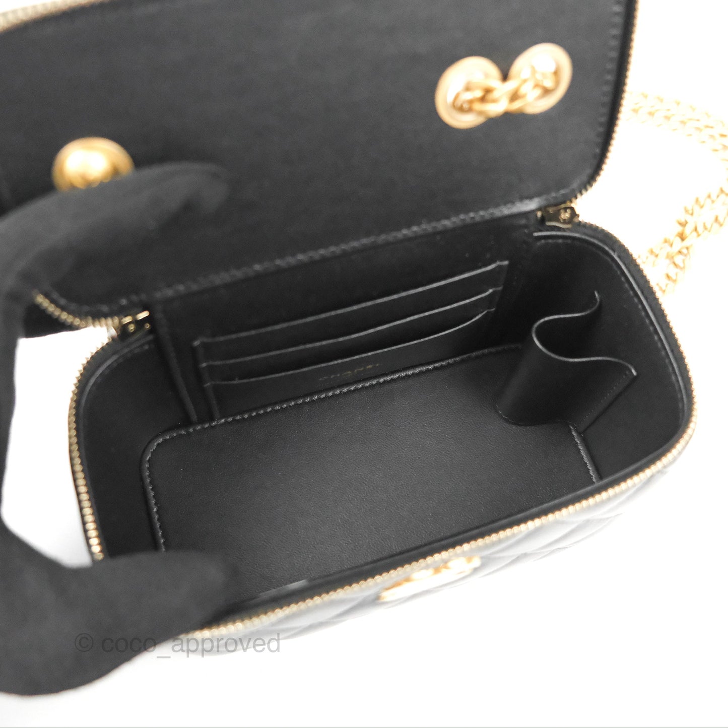 Chanel Vanity with Adjustable Chain Black Lambskin Aged Gold Hardware 22K