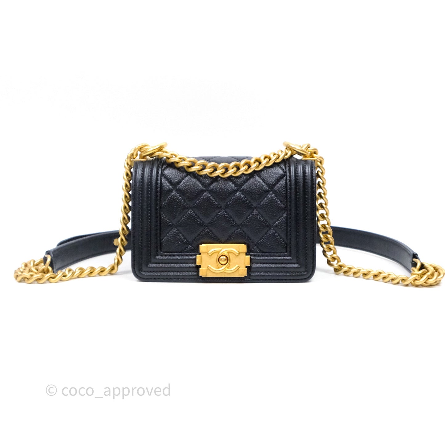 Chanel Mini Boy Quilted Black Caviar Aged Gold Hardware