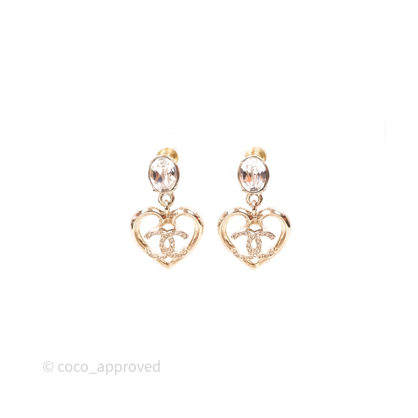 Chanel Crystal CC Heart Drop Earrings Gold Tone 23C