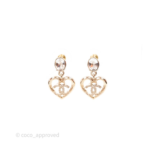 Chanel Crystal CC Heart Drop Earrings Gold Tone 23C