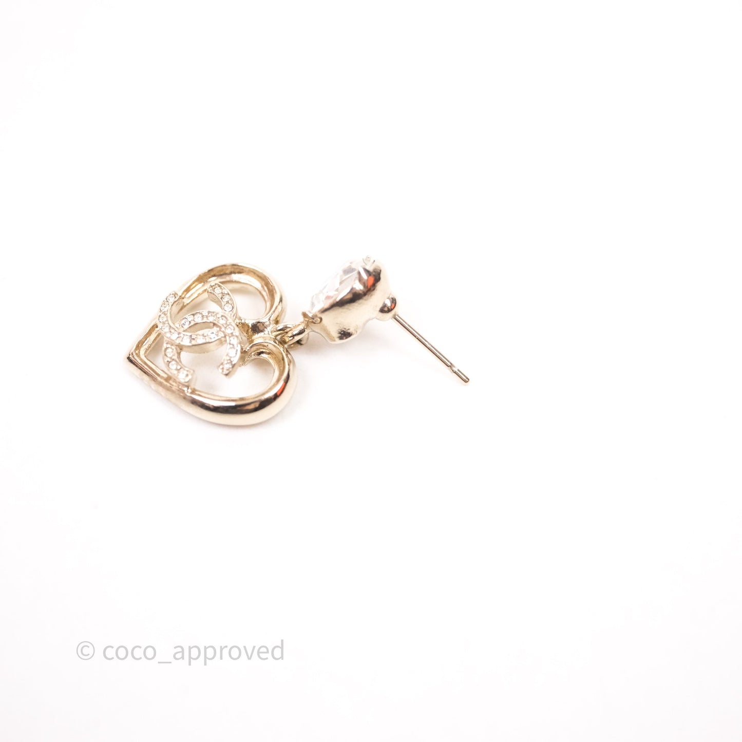 Chanel Crystal CC Heart Drop Earrings Gold Tone 23C