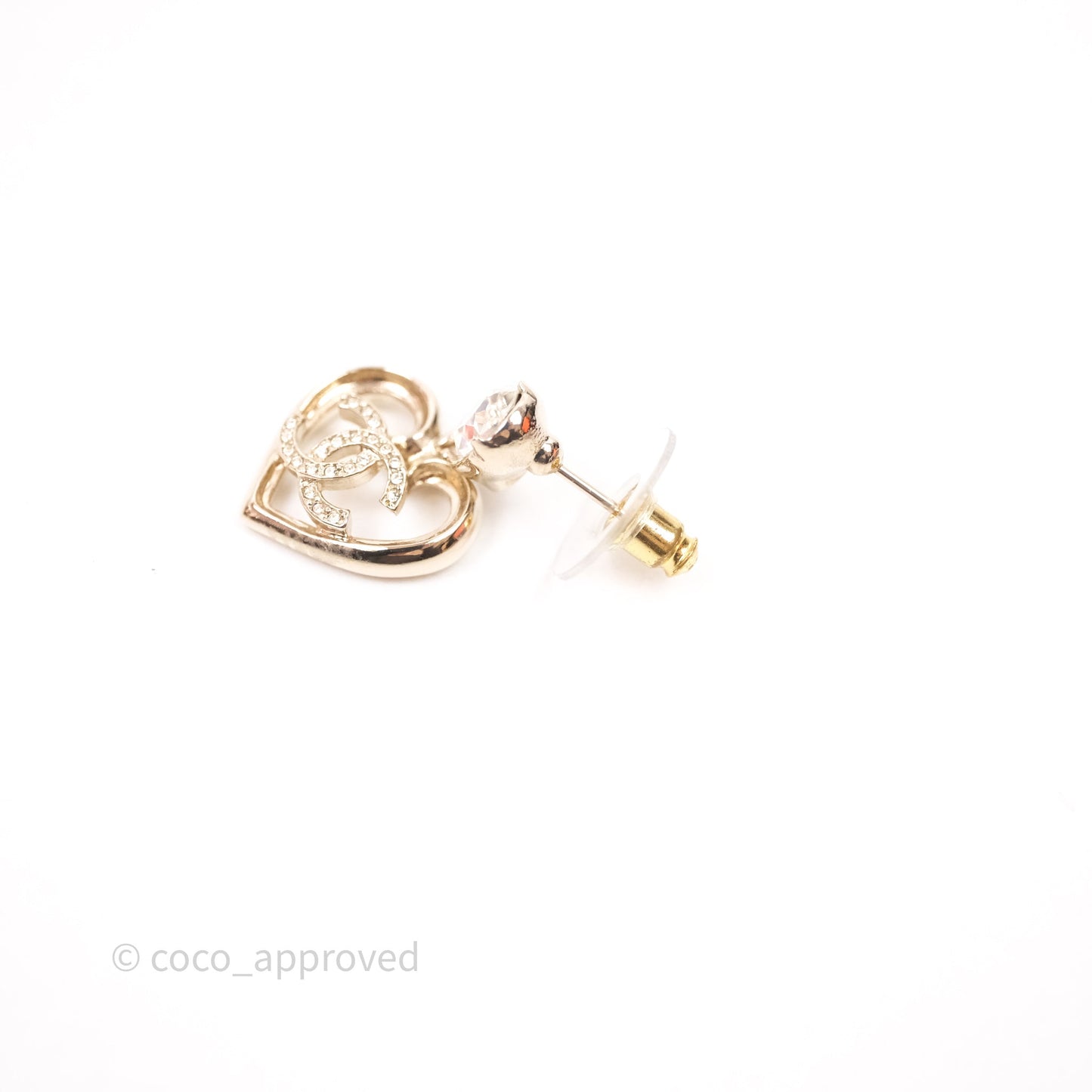 Chanel Crystal CC Heart Drop Earrings Gold Tone 23C