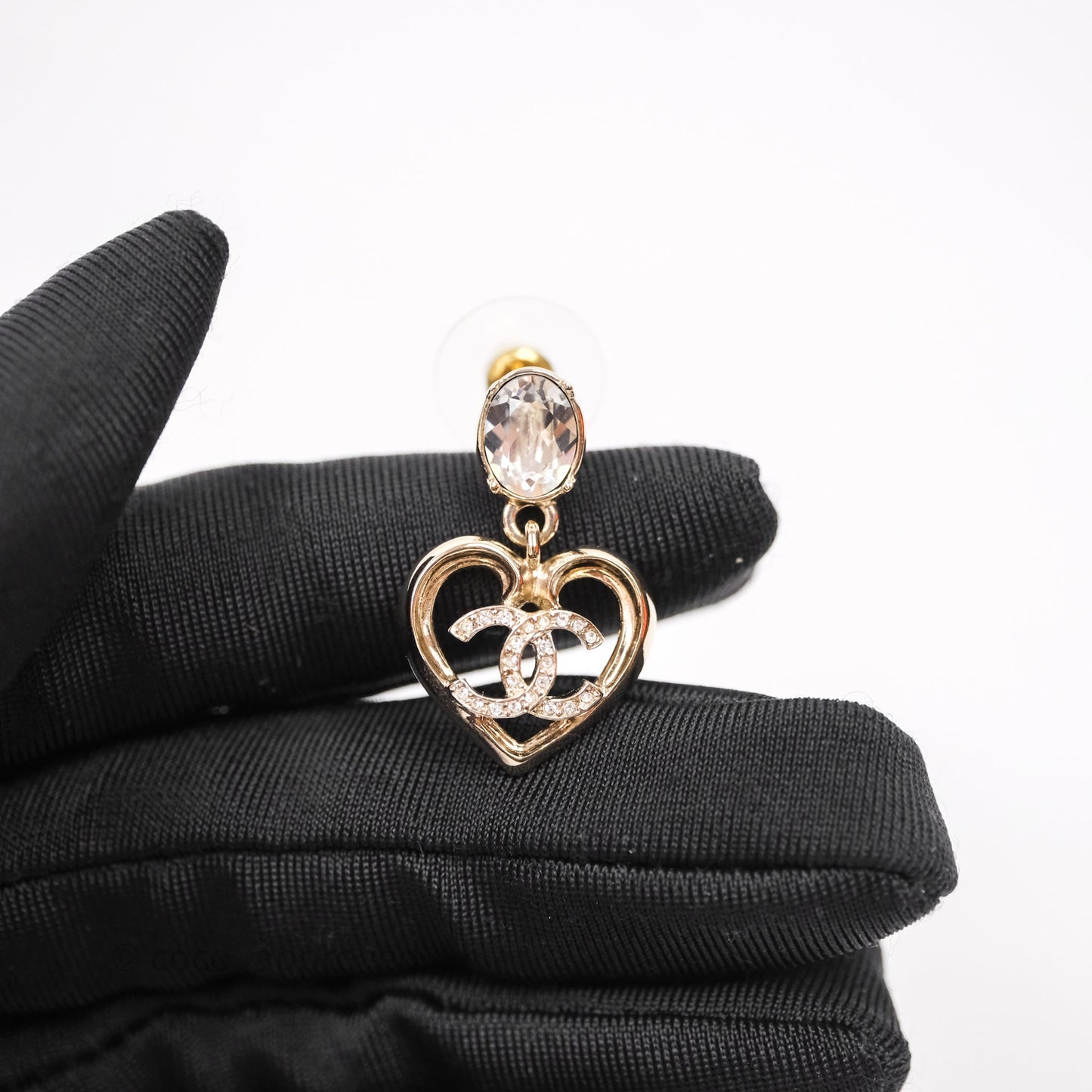 Chanel Crystal CC Heart Drop Earrings Gold Tone 23C